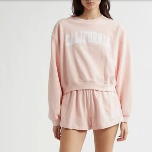 Sporty & Rich California Crewneck Crop Sweatshirt Ballet Pink & White NEW Cotton